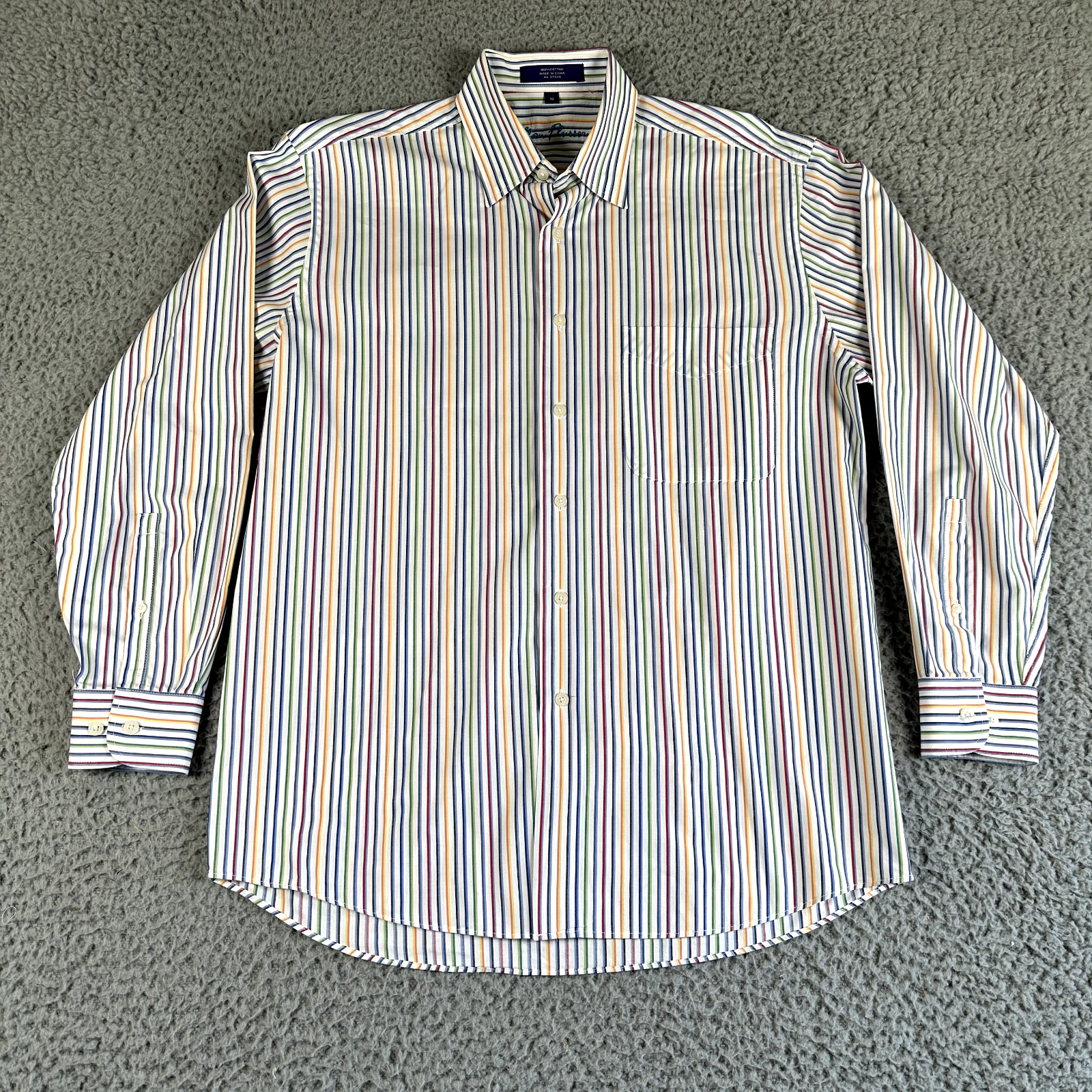 Alan Flusser Shirt Men's Medium Multi Color Striped Button Up 100% Cotton Casual